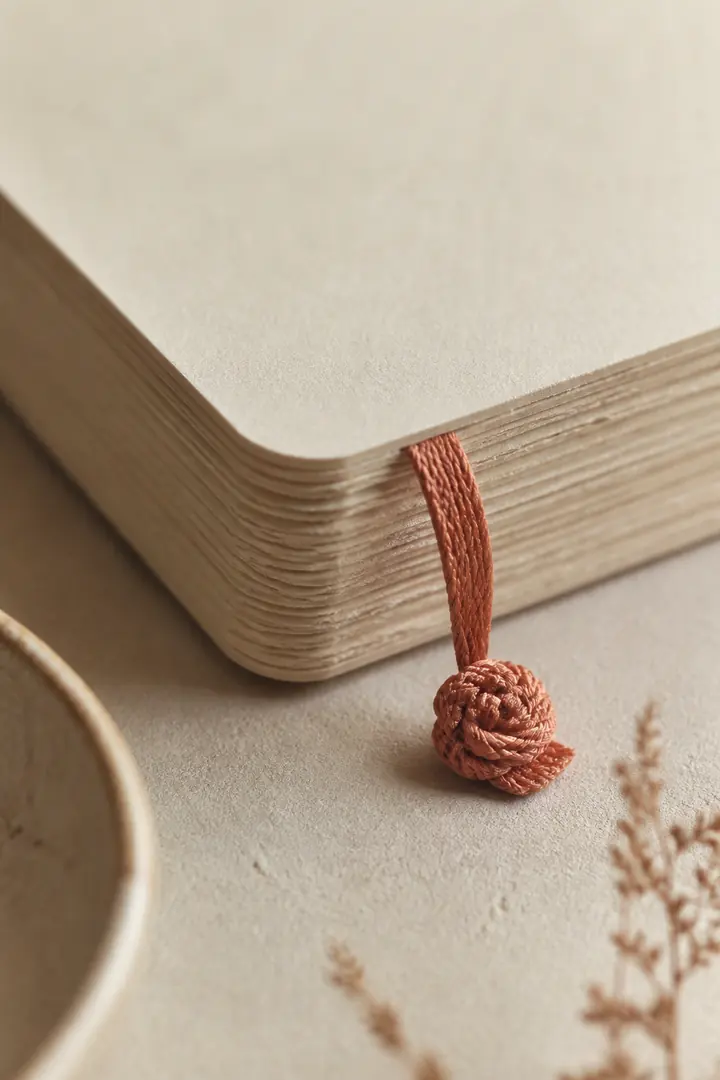 Warm paper grain and terracotta thread bookmark